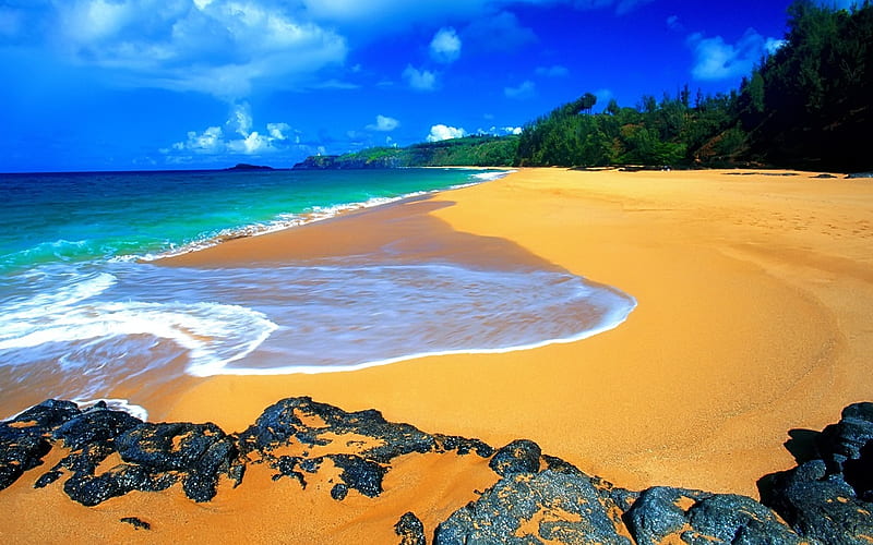 Sandy Beach, rocks, beach, sand, ocean, nature, clouds, sea, HD wallpaper