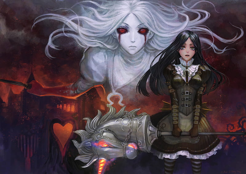 Alice Liddell, fear, knight chess, queen, hot, anime girl, black hair, night, no fear, female, american mcgees alice, sexy, blood, alice in wonderland, cool, ghost, dark queen, castle, chess, HD wallpaper