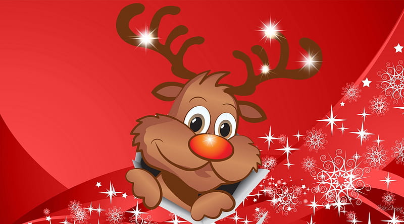 Happy Break Through, red, Christmas, Feliz Navidad, New Year, shine, Rudolph, cute, whimsical, snowflakes, reindeer, paper, HD wallpaper