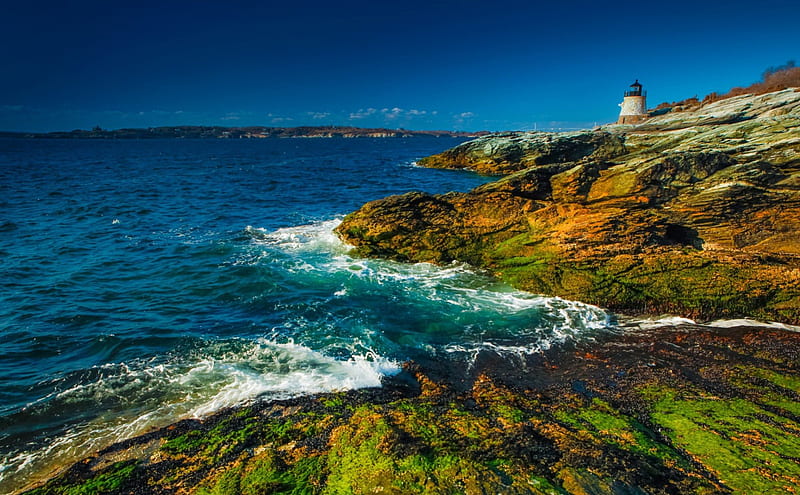 lighthouse on a wonderful rocky shore, rocks, shore, waves, lighthouse, sea, HD wallpaper