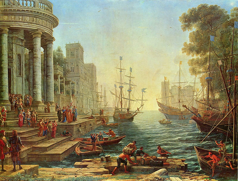 Seaport with the embarkation of St Ursula, claude lorrain, art, ship, seaport, painting, pictura, HD wallpaper