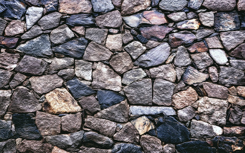 stone wall stone textures, macro, wall, gray stone background, HD wallpaper