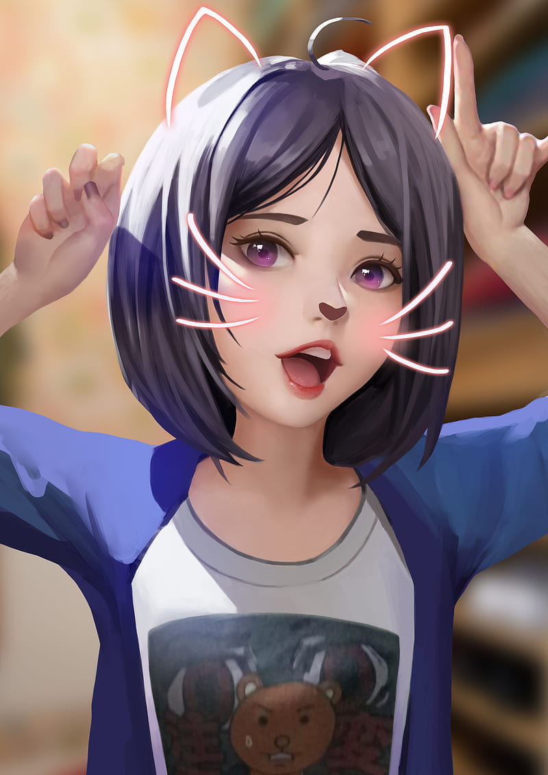 anime girls, original characters, women, dark hair, purple eyes, looking at viewer, open mouth, cat ears, cat girl, sweater, T-shirt, happy, artwork, drawing, digital painting, illustration, 2D, portrait display, Ke Xue, anime, HD phone wallpaper