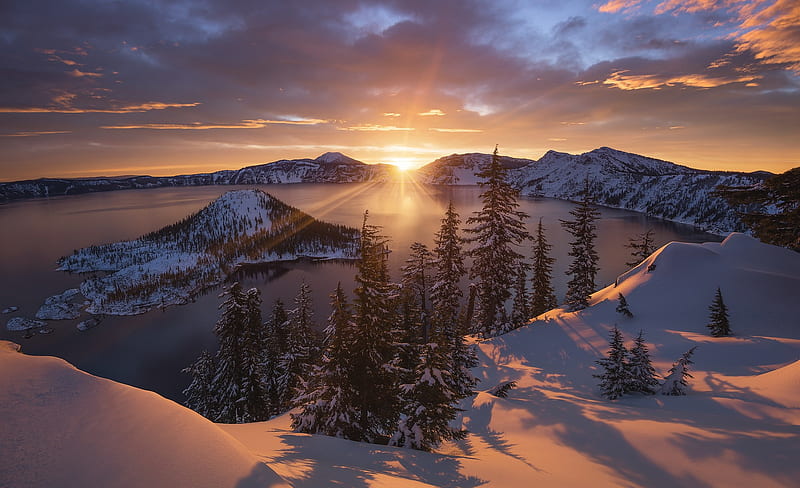 Earth, Crater Lake, Cloud, Sky, Snow, Sunbeam, Winter, HD wallpaper
