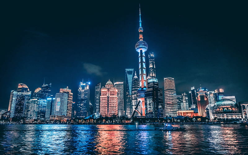 Oriental Pearl Tower, night, Shanghai, cityscapes, Huangpu River, TV tower, China, Asia, Shanghai TV Tower, HD wallpaper