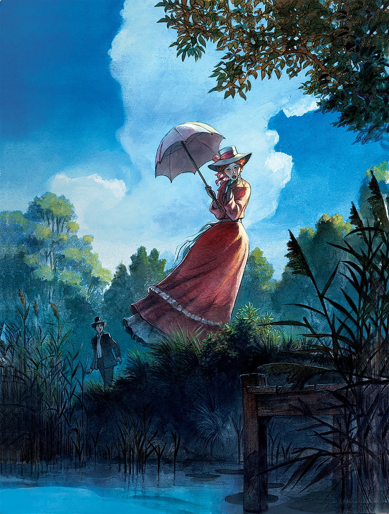 painting, Yannick Corboz, women, redhead, dress, garden, plants, water, umbrella, HD phone wallpaper