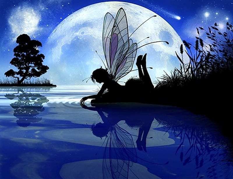 Moonshine fairytale, bonito, fairytale, lake, fantasy, moon, water, moonshine, dream, fairy, blue, HD wallpaper