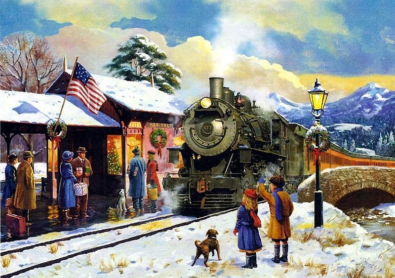 American Railways, locomotive, people, painting, station, steam, steamtrain, HD wallpaper