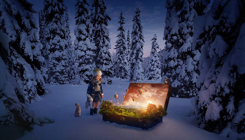 Magical Moment, forest, snow, girl, balloons, magical, birds, animals, suitcase, HD wallpaper