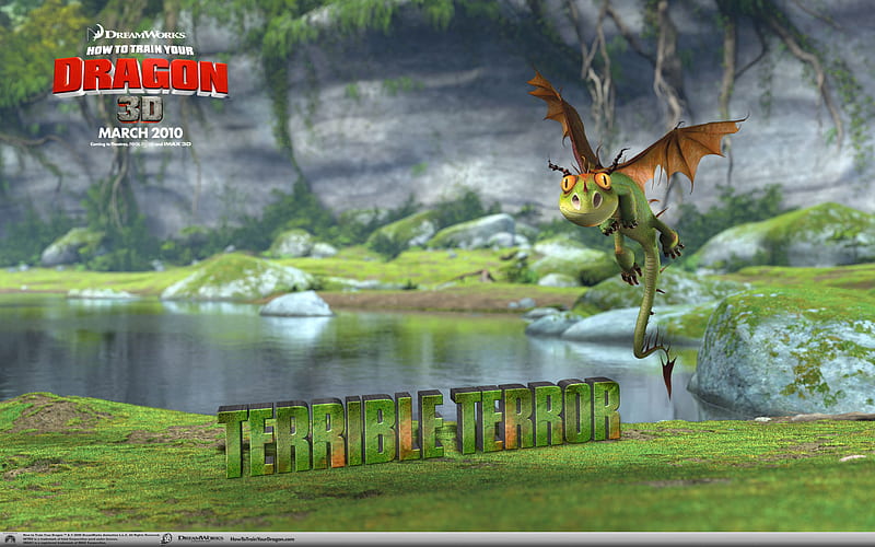 dragon, 3d, green, lake, HD wallpaper