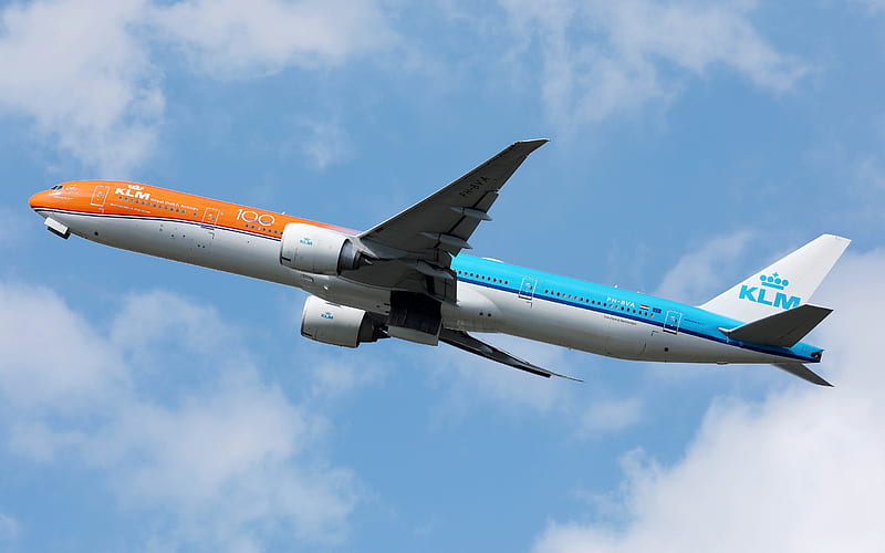 Boeing 777-300ER, passenger plane, KLM Orange Livery, KLM, Boeing 777, air travel, airplane in the sky, passenger airliner, Boeing, HD wallpaper