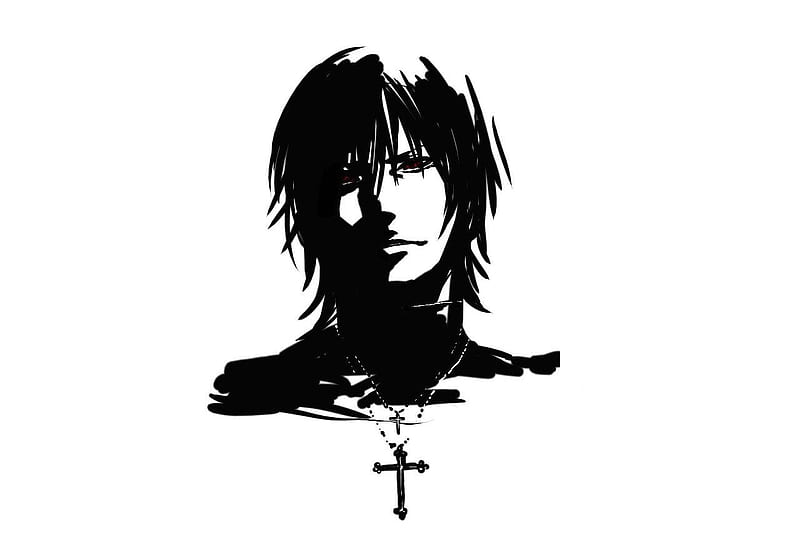 Shiki, male, head, necklace, black and white, monochrome, silhouette, white background, togainu no chi, anime, lone, face, cross, red eyes, HD wallpaper