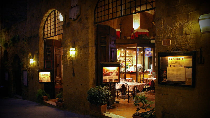 lovely restaurant in italy, posters, restaurant, street, lights, entrance, HD wallpaper
