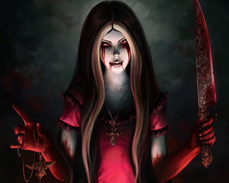 Bloody Mary, Woman, Blood, Knife, Necklace, HD wallpaper
