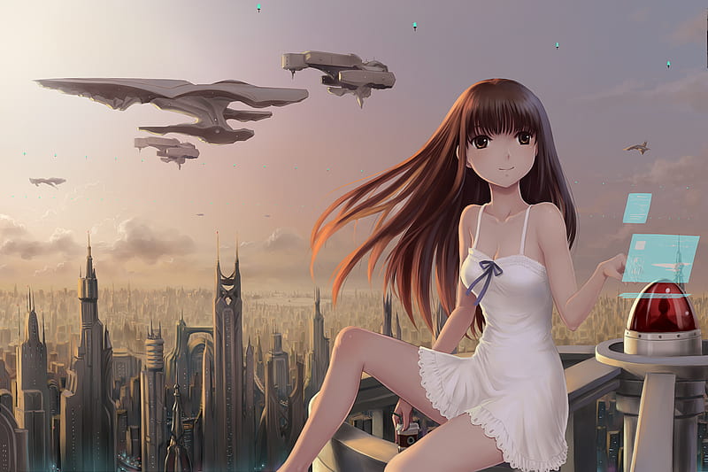 Above the City, dress, cloud, brown hair, cityscape, ribbon, smile, futuristic, space craft, city, anime, cyber, chemise, long hair, youbou, pixiv id 190084, HD wallpaper