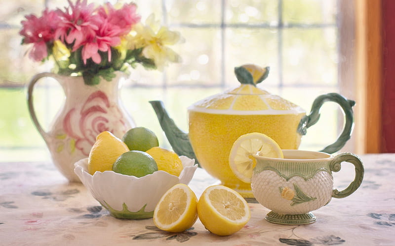 Tea time, fruit, teapot, green, yellow, cup, pink, lemon, HD wallpaper