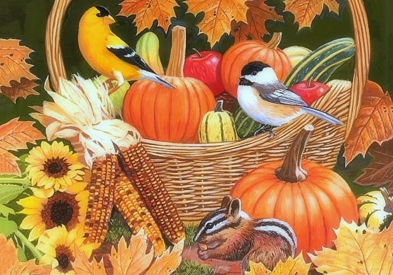 Harvest Basket, fall season, autumn, squirrel, corns, harvest, apples, colors, love four seasons, birds, leaves, paintings, basket, flowers, animals, pumpkins, HD wallpaper
