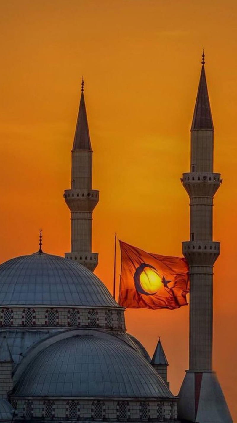 Mosque and flag, 2018, tuning, autos, moaquee, flag, red, yellow, sun, turkey, istanbul, HD phone wallpaper