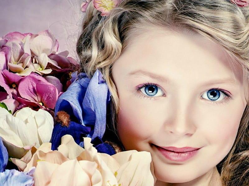 Lovely girl, girl, flower, blonde, face, child, white, pink, blue eyes, HD wallpaper