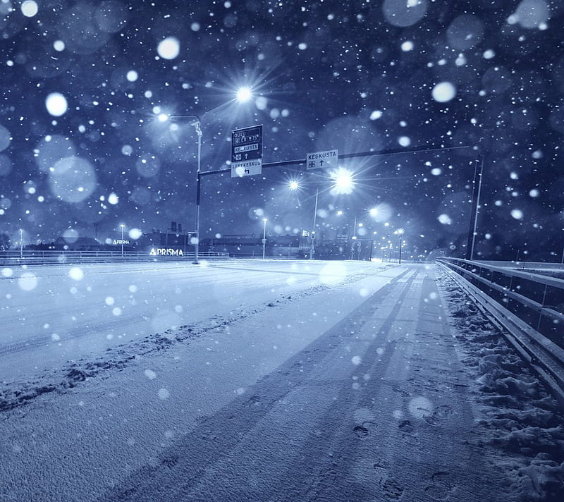 Snowy, city, night, road, snow, time, HD wallpaper