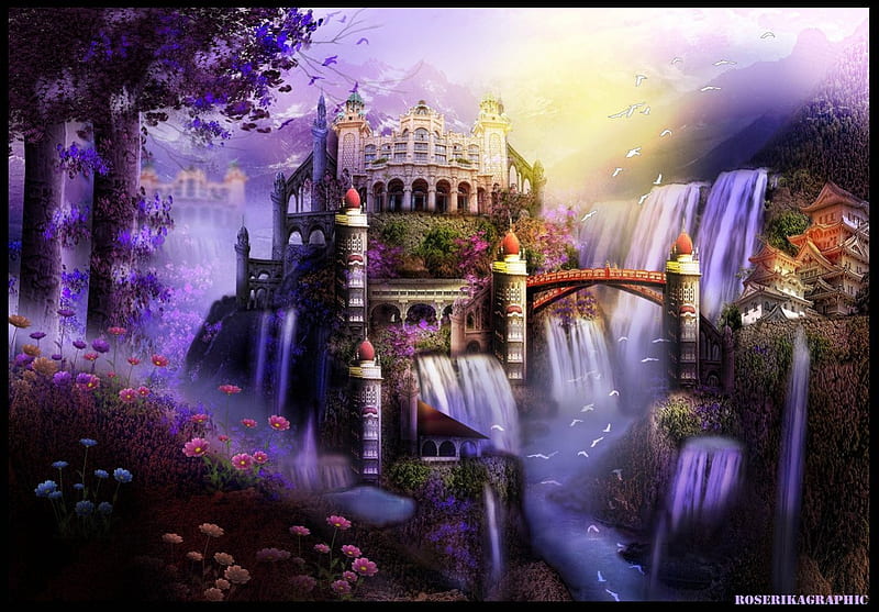 ✫Stunning Waterfall✫, architecture, scenic, stunning, splendid, panoramic view, attractions in dreams, bonito, most ed, digital art, clouds, pillars, paintings, environment, waterfall, flowers, scenery, animals, rivers, colors, birds, places, sky, trees, castles, cool, mixed media, paradise, plants, nature, HD wallpaper