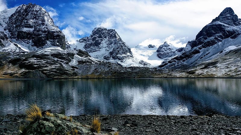 Kunturiri mountain in the Cordillera Real of Bolivia, rocks, lake, snow, landscape, clouds, sky, HD wallpaper