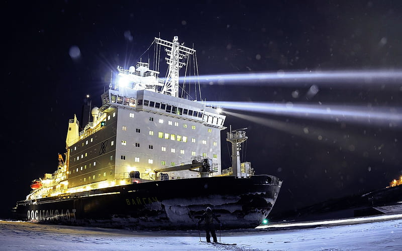 Vaygach, icebreaker, night, project 10580, atomic icebreaker, RosAtomFlot, HD wallpaper