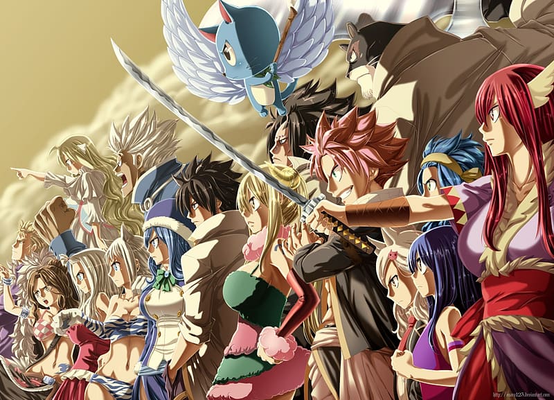 Anime, Fairy Tail, Lucy Heartfilia, Natsu Dragneel, Erza Scarlet, Gray Fullbuster, Happy (Fairy Tail), Juvia Lockser, Mirajane Strauss, Levy Mcgarden, Mavis Vermilion, Cana Alberona, Elfman Strauss, Gajeel Redfox, Charles (Fairy Tail), Wendy Marvell, Panther Lily (Fairy Tail), Lisanna Strauss, Laxus Dreyar, HD wallpaper