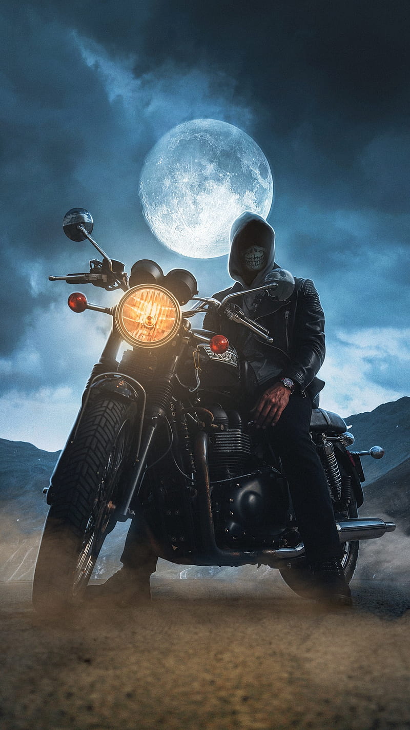 Night biker, bike human, light, moon, motor, motorcycle, skull, HD phone  wallpaper | Peakpx