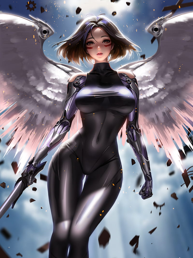 women, fantasy girl, brunette, brown eyes, looking at viewer, face paint, low-angle, cyborg, cyberpunk, science fiction, wings, angel, bodysuit, tight clothing, the gap, frontal view, sparks, portrait display, sword, vertical, artwork, drawing, digital art, illustration, fan art, Liang Xing, Liang-Xing, black clothing, backlighting, Alita: Battle Angel, Alita, HD mobile wallpaper