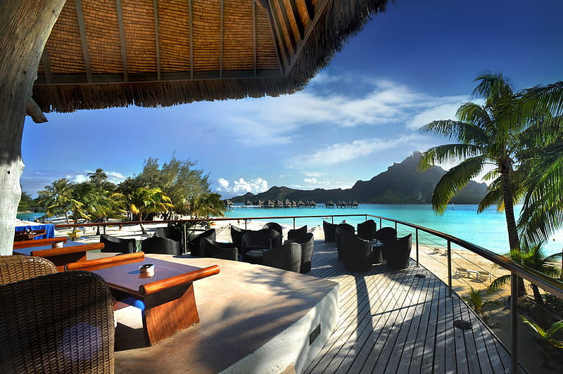 Perfect View - Bora Bora , polynesia, bar, perfect, sea, beach, lagoon, bora bora, dining, blue, table, islands, view, ocean, vista, paradise, restaurant, dine, island, tahiti, tropical, HD wallpaper