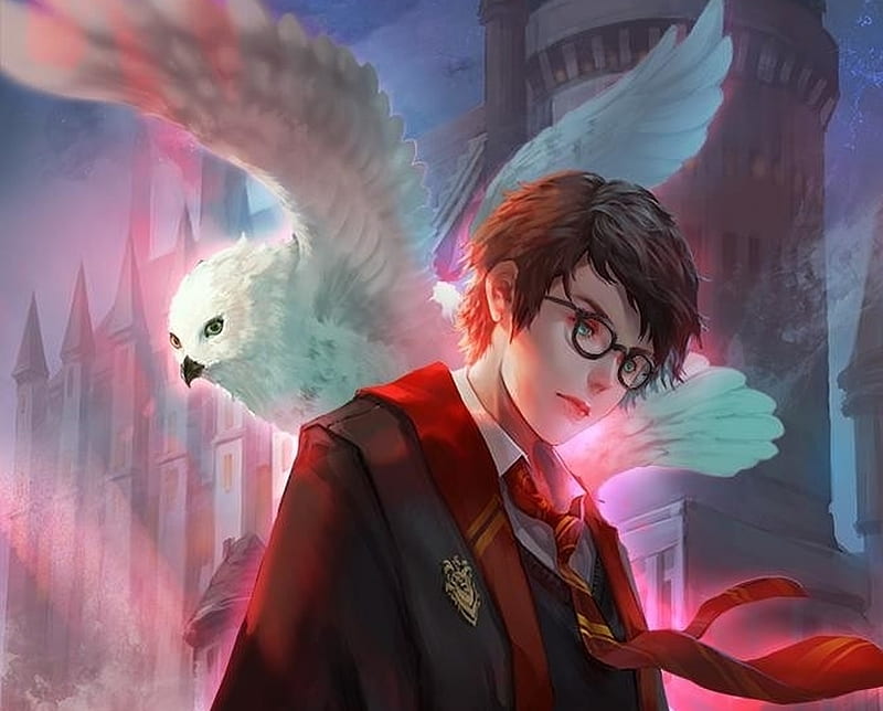 Harry Potter, fanart, owl, art, wings, luminos, pasare, wizard, boy, fantasy, bufnita, bird, snow, antilous, blue, HD wallpaper