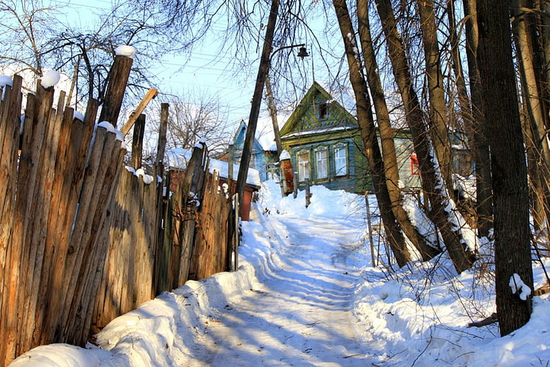 Russian Winter, fence, sun, russia, snow, buildings, cold, HD wallpaper