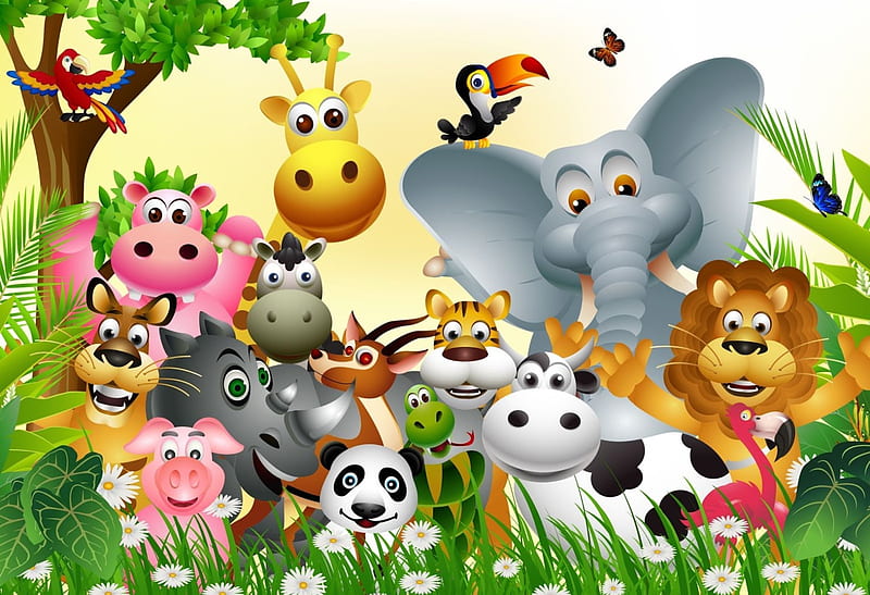 Cute animals, cow, pig, elephant, bear, puzzle, lion, panda, cute, bird, giraffe, animals, HD wallpaper