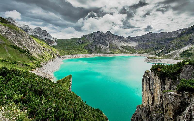 mountain lake, glacier lake, emerald lake, mountain landscape, beautiful turquoise lake, mountains, Alps, HD wallpaper