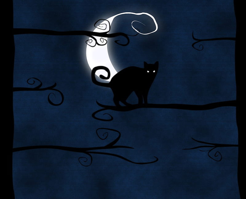 Black Cat, black, cat, branch, tree, moon, darkness, dark, twig, eyes ...