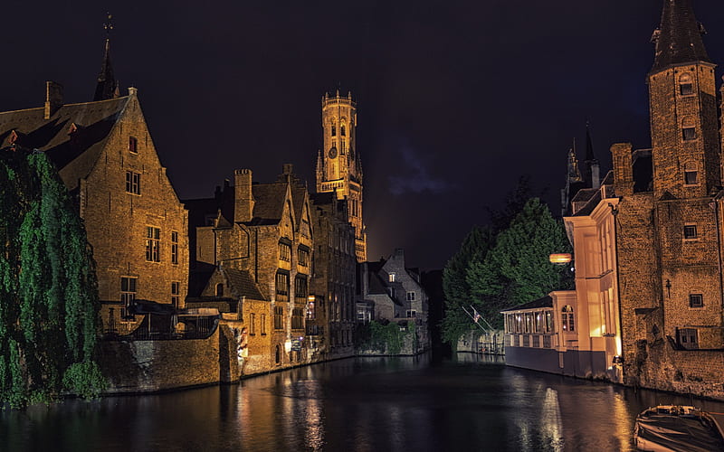 Bruges, belgium, tower, reflection, brugge, night, HD wallpaper