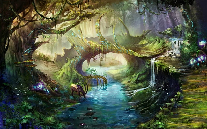 Enchanted Forest, art, forest, river, fantasy, HD wallpaper