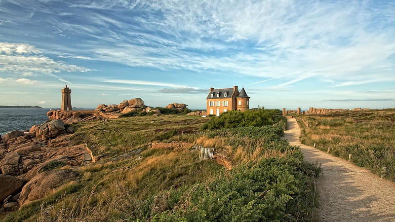 France, Bretagne, rocks, house, ocean, sky, lighthouse, sea, france, road, mainland, HD wallpaper