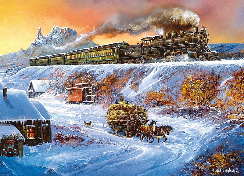 Railways Coyote Special, cart, steam, cabin, artwork, horses, winter, train, snow, painting, HD wallpaper