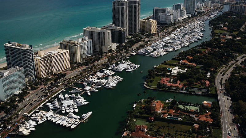 aerial view of miami, beach, city, boats, view, harbor, HD wallpaper
