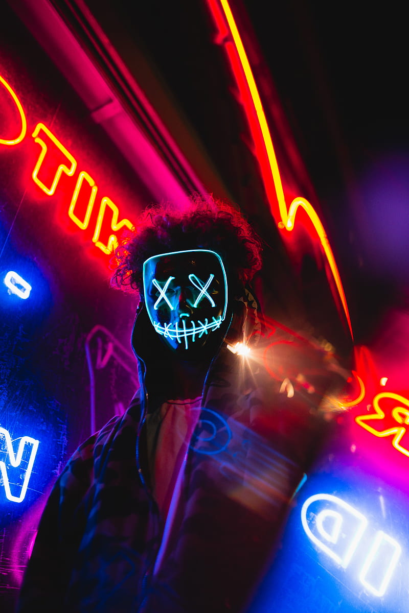mask, neon, anonymous, light, man, HD phone wallpaper