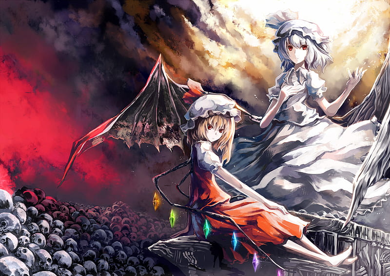 Flandre and Remilia, wings, dress, blonde hair, flandre scarlet, remilia scarlet, hat, short hair, skulls, blue hair, touhou, girls, red eyes, HD wallpaper