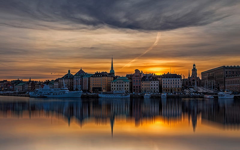 Stockholm, sunset, evening, embankment, boats, Sweden, HD wallpaper