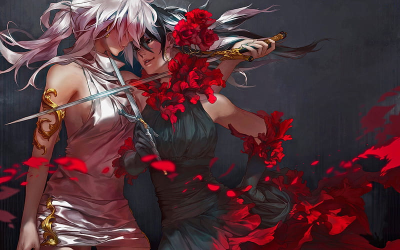 An Intimate Dance, fantasy, sword, anime, women, HD wallpaper
