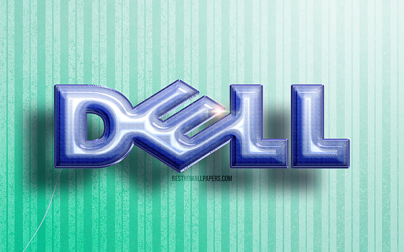 Dell 3D logo, blue realistic balloons, brands, Dell logo, blue wooden backgrounds, Dell, HD wallpaper