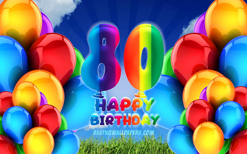 Happy 80 Years Birtay, cloudy sky background, Birtay Party, colorful ballons, Happy 80th birtay, artwork, 80th Birtay, Birtay concept, 80th Birtay Party, HD wallpaper