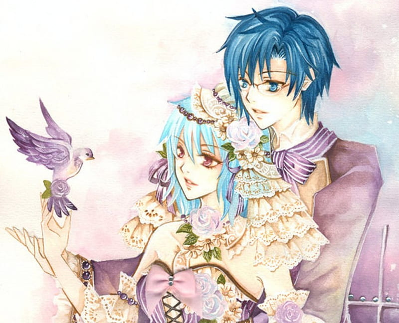 ~: L♡VE :~, pretty, veil, wing, sweet, floral, nice, love, anime, royalty, feather, handsome, beauty, anime girl, gems, jewel, long hair, wings, romance, ribbon, gown, jewelry, short hair, lover, red eyes, dress, divine, rose, guy, glasses, adore, bonito, elegant, animal, sunglasses, blossom, gemstone, blue eyes, couple, gorgeous, female, male, romantic, boy, girl, blue hair, bird, flower, petals, HD wallpaper