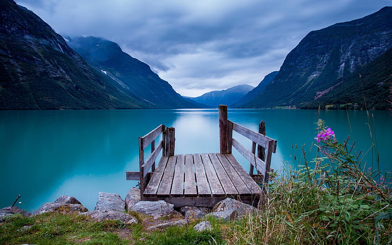 Norway bridge lake blue sky-nature, HD wallpaper