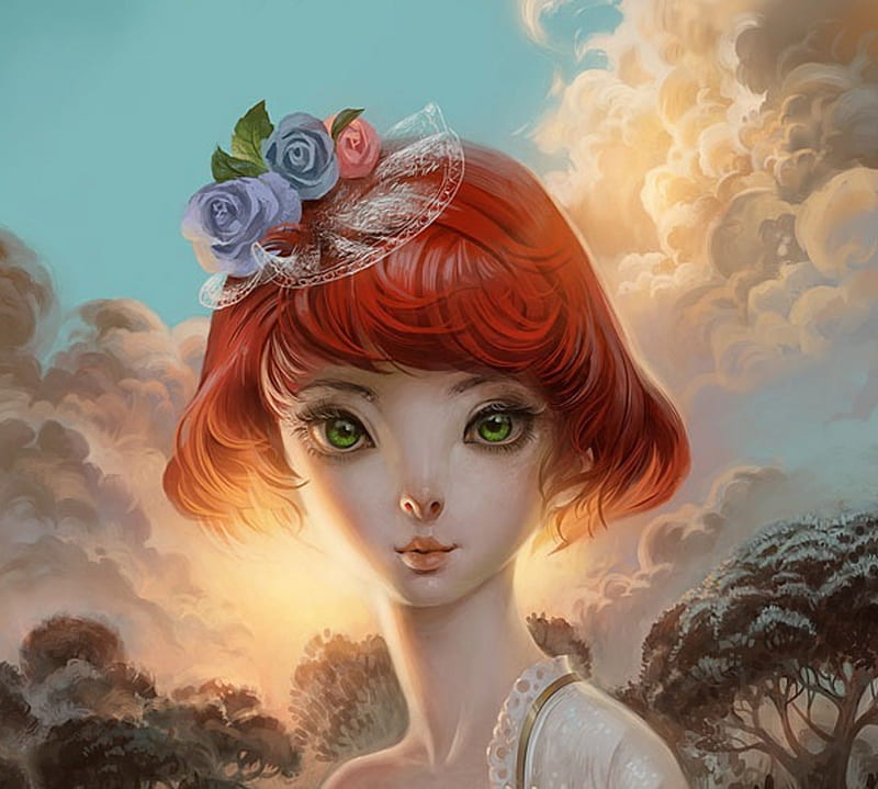 1920x1080px 1080p Free Download Green Eyes Fantasy Girl Big Eyes Roses Trees Sky Hd 8016